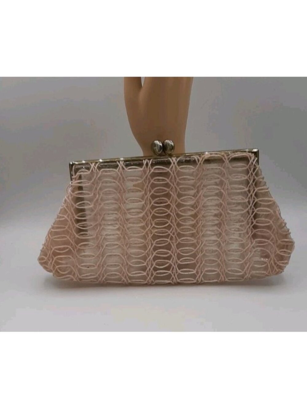 Vintage Plastic Light Pink Seed Beaded Clutch Purse with Kiss Lock Closure